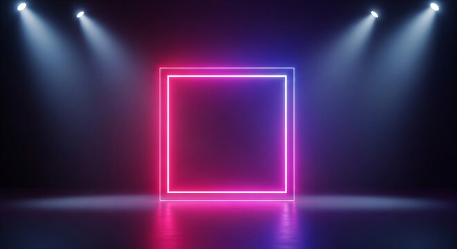 Abstract dark background with glowing neon square frame, stage lighting and glossy floor reflection, perfect for Black Friday or cyber sale banner ... See More