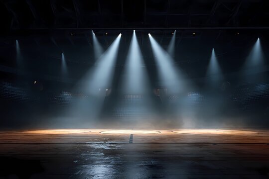 Spotlights shine on an empty basketball court in a sport arena during a quiet moment before the game begins