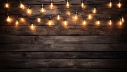 A warm, inviting scene featuring string lights hung against a rustic wooden background, perfect for creating a cozy atmosphere.