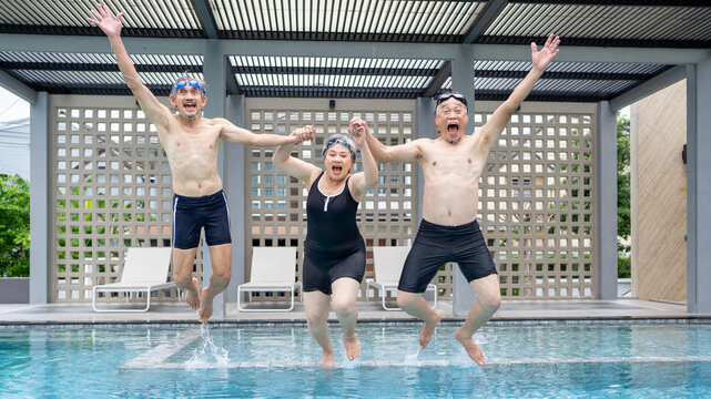 senior asian people enjoy summer vacation happy retirement, active adult exercising physical therapy at sport club swimming pool, elderly man travel with friends wellness life healthy lifestyle - Powered by Adobe