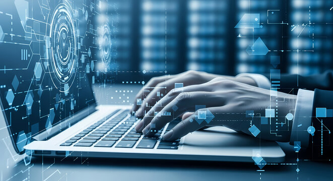 A person types on a laptop keyboard with digital data visualization overlay, representing modern technology and data processing in a futuristic setting.