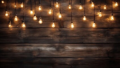 String lights hang above a wooden background, creating a warm, inviting atmosphere perfect for gatherings and celebrations.