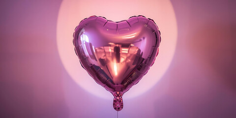 Shiny pink heart-shaped balloon floating against soft purple and pink background, romantic whimsical love concept