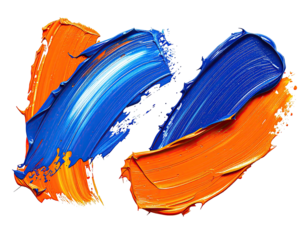 Thick strokes of blue and orange paint on a dark background