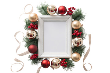 Elegant Christmas Frame Decorated with Festive Ornaments and Evergreen Branches on a White Background, perfect for Holiday Greetings.