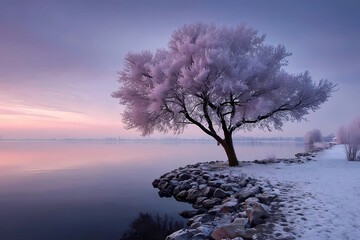 Frost-covered tree stands near a serene lake during a colorful sunrise in winter