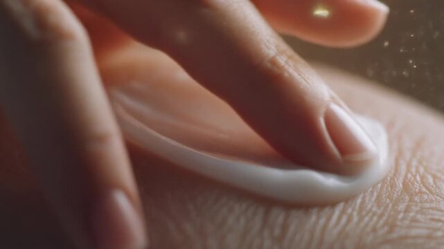 A close-up of fingers gently applying white moisturizing cream to skin.