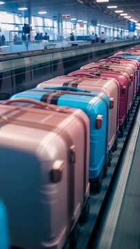 Vertical video: Travellers placing suitcases onto belt at airport check in with staff scanning tags