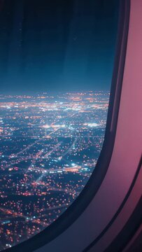 Vertical video: Plane taking off capturing city lights beneath airplane window for map, copy space