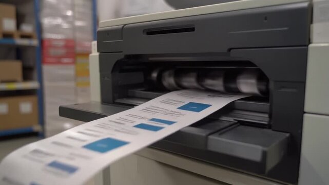Close-up of an industrial printer printing a continuous roll of paper in a warehouse.