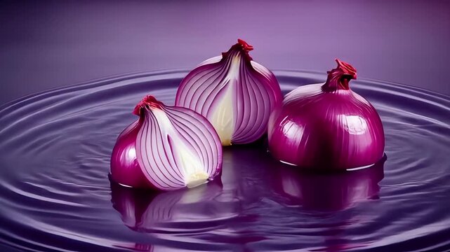Cinematic slow-motion close-up showing red onions striking the surface of pure water, causing elegant splashes and circular ripples