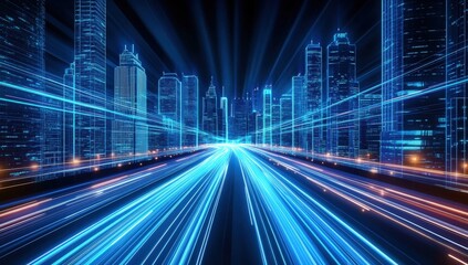 A futuristic cityscape with glowing blue light trails, depicting high-speed movement and a digital vibe in an urban environment.