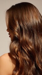 Fototapeta premium Woman showing her flowing, wavy brown hair, reflecting light and emphasizing hair care, beauty, health, and stylish appeal with a natural brunette look