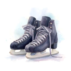 Watercolor illustration of classic black ice skates on soft winter background, vintage skating shoes, winter sport and recreation art