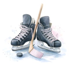 Watercolor illustration of hockey skates, wooden stick and puck on icy background, winter sport equipment, ice hockey concept art