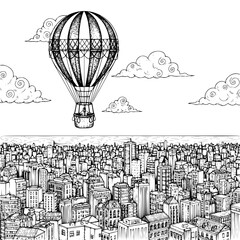 Black and White Line Art of Vintage Hot Air Balloon Floating Over Detailed City Skyline, Architectural Linework Illustration