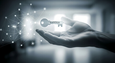 A glowing key labeled 'success' floats above an open hand, symbolizing achievement and opportunity in a futuristic digital environment.