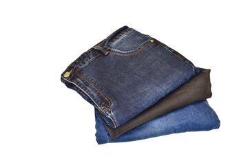 A stack of blue jeans, men's, on a white background.