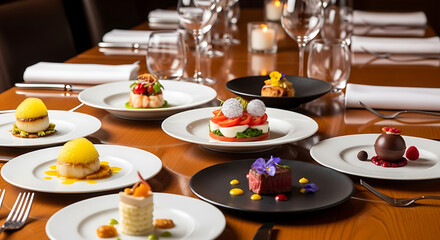 Fototapeta premium Gourmet Meal An Array of Exquisite Dishes and Fine Dining Presentation on a Table