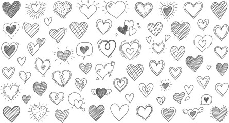 A collection of handdrawn, sketchy heart illustrations in various styles, isolated on a