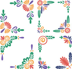 Obraz premium Set of colorful frame corner decorations, in traditional Peruvian colors. Festival Virgen de la Candelaria. National motif, feathers, floral accents, in vibrant colors. Cultural vector illustration