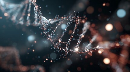 The image displays a detailed close-up of a DNA strand, with glowing particles emphasizing the intricate structure of DNA. This captivating representation of DNA highlights molecul