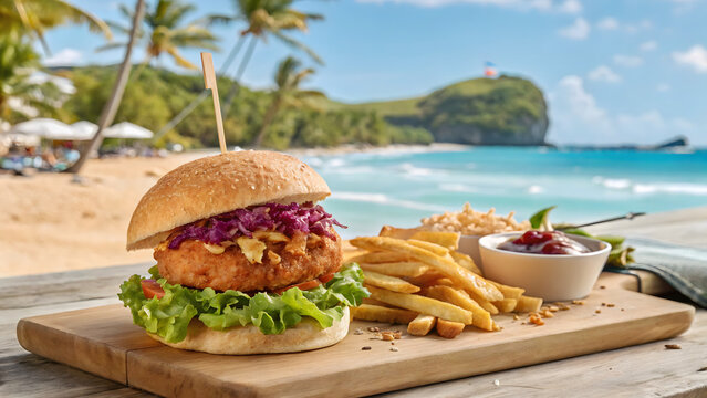 Delicious gourmet burger and fries served on a wooden board at a tropical beachside restaurant - Powered by Adobe