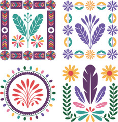 Set of embellished frames with central elements in traditional Peruvian colors. Festival Virgen de la Candelaria. National motif, feathers, floral accents vibrant colors. Cultural vector illustration
