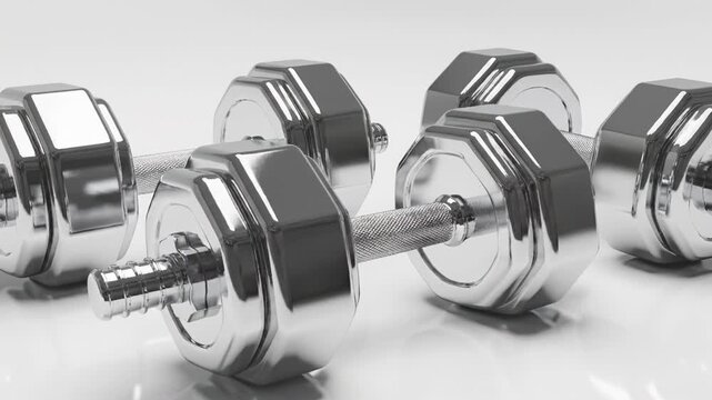 Shiny metal dumbbell weight set with hexagonal plates and textured handles on reflective surface, premium fitness equipment for strength training exercise at gym or home workout