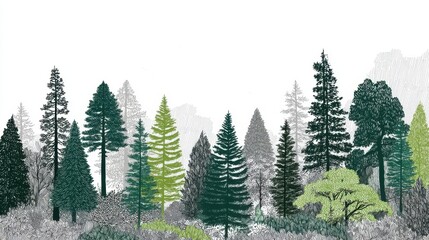 Fototapeta premium Hand drawn forest illustration with mixed coniferous and broadleaf trees, minimalist shaded woodland in green tones evoking nature, ecology, and peaceful outdoor serenity