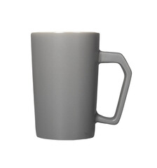 Tall white ceramic mug for hot beverages. Simple and elegant design symbolizing warmth, comfort, and