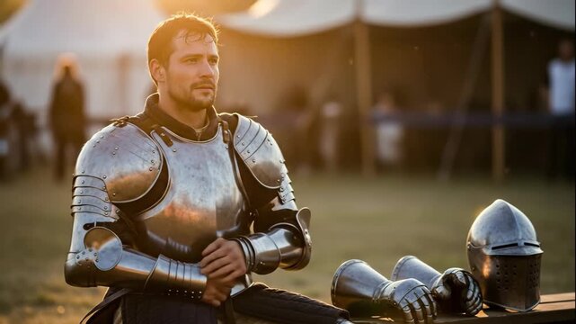 Man knight getting dressed in medieval armor during a historical reenactment with gauntlets and helmet ready