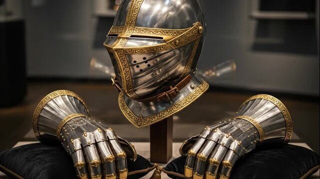 Historical knight armor with gauntlets and display helmet changing slight angle. Medieval warrior equipment and military artifact for museum exhibit.