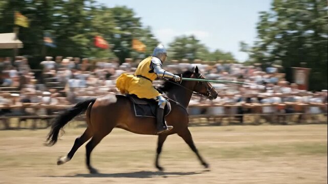 Knight on horseback jousting in a medieval battle reenactment. Historical warrior riding a horse with a lance during a tournament.