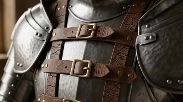 Detailed view of a knights full metal armor with intricate leather straps and brass buckles, ready for medieval reenactment.