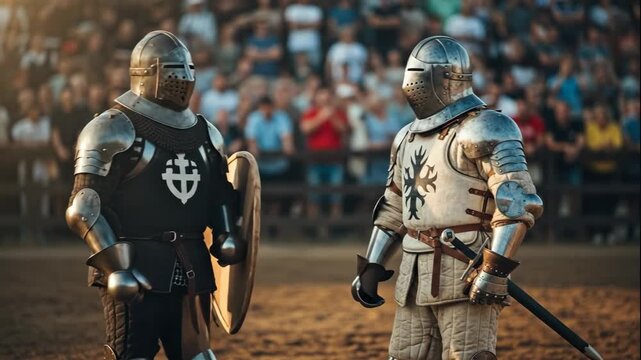 Two knights in full armor perform an initial hand shake, then stand ready for a historical reenactment or medieval jousting tournament.