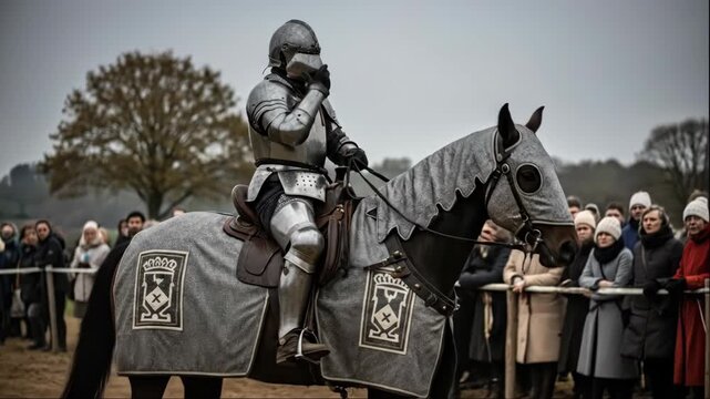 Man in shiny plate armor on a horse with barding during a historical reenactment event for spectators.