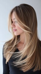 Obraz premium Woman posing with long, layered balayage hair, showcasing healthy shiny blonde and brown highlights, highlighting hair care, beauty, and styling concepts