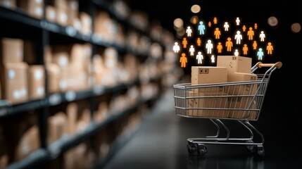 Exploring retail abundance through warehouse aisles. Networked people design. Colorful retail world: a cart laden in a fully stocked warehouse aisle. Social connection idea.