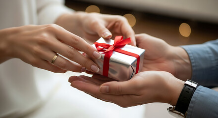 Close-up of hands exchanging a silver gift box tied with a red ribbon symbolizing generosity