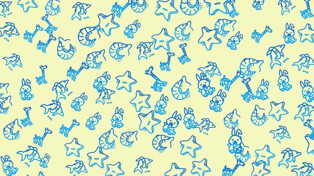 Doodle baby blue drawings of animals on pale yellow, perfect for childrens book illustrations or nursery decor design. Whimsical and charming.