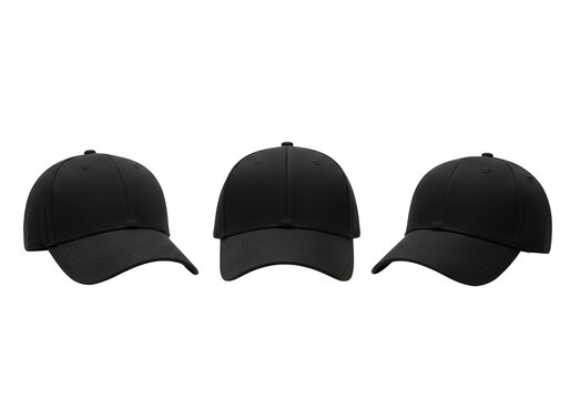 Three black baseball caps arranged in a row for fashion and streetwear transparent background