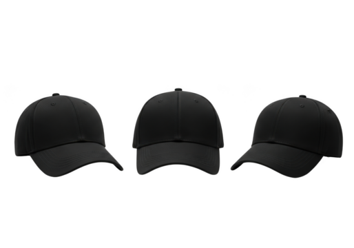 Three black baseball caps arranged in a row for fashion and streetwear transparent background