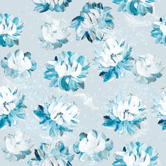Seamless pattern of abstract blue flowers, original hand drawn, impressionism style, color texture