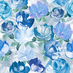 Seamless pattern of abstract blue flowers, original hand drawn, impressionism style, color texture, brush strokes of paint, art background