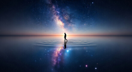 Silhouette walking on water under a starry sky with reflection of the milky way galaxy visible
