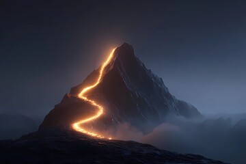 Fototapeta premium Majestic mountain with glowing lava trail under a dark sky during twilight hours