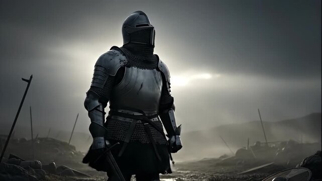 Medieval knight walking on a desolate battlefield after a grim battle, holding a sword. Dark fantasy historical concept.