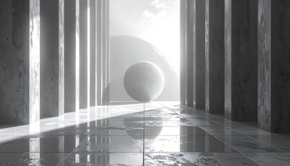 Abstract architectural perspective with a sphere in the center.