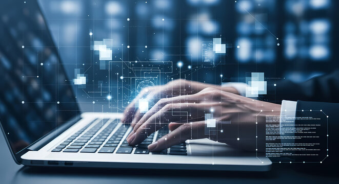 A person's hands typing on a laptop with digital data overlay, representing technology, communication, and modern business operations.